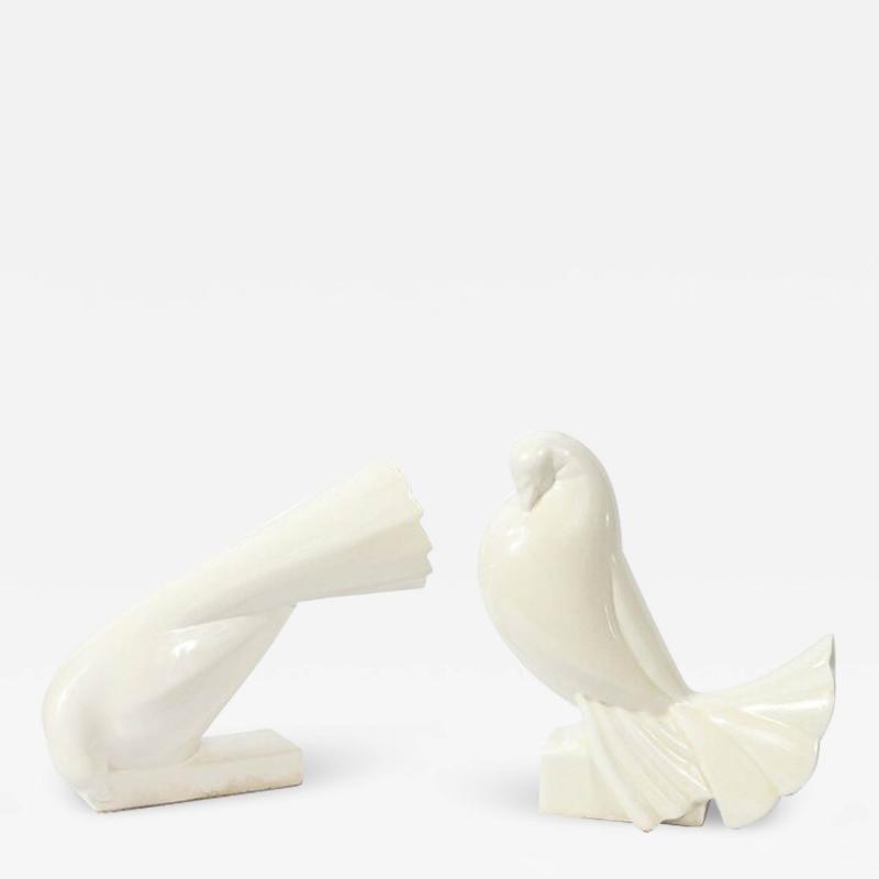 Jacques Adnet Pair of White Ceramic Dove Sculptures by Jacques Adnet