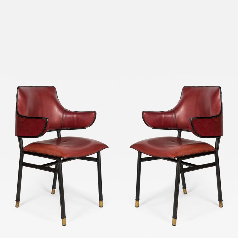 Jacques Adnet Pair of rare Stitched Leather armchairs by Jacques Adnet