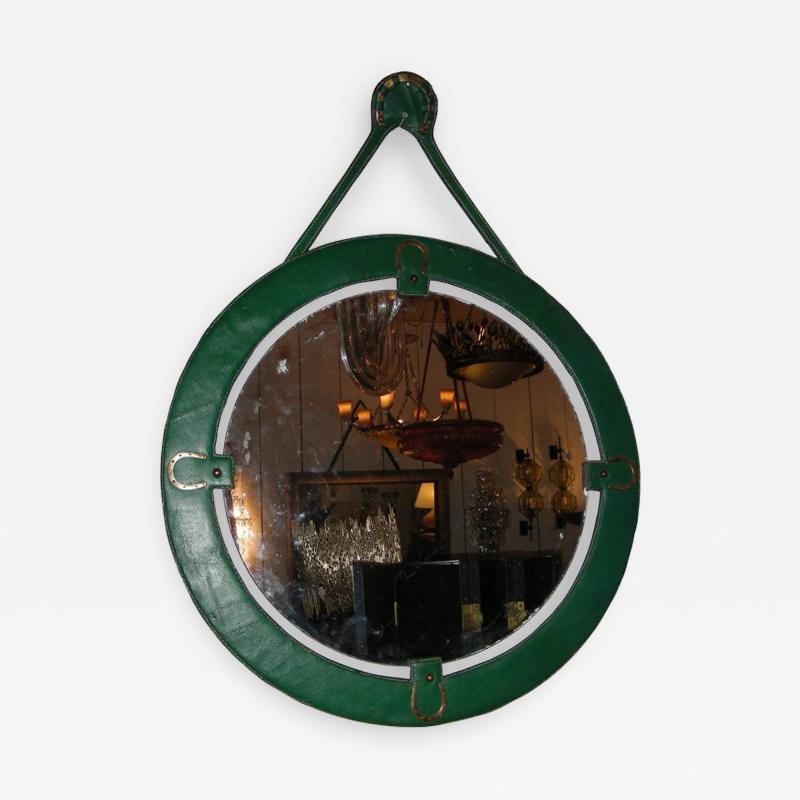 Jacques Adnet Rare 1950s Stitched leather Mirror by Jacques Adnet