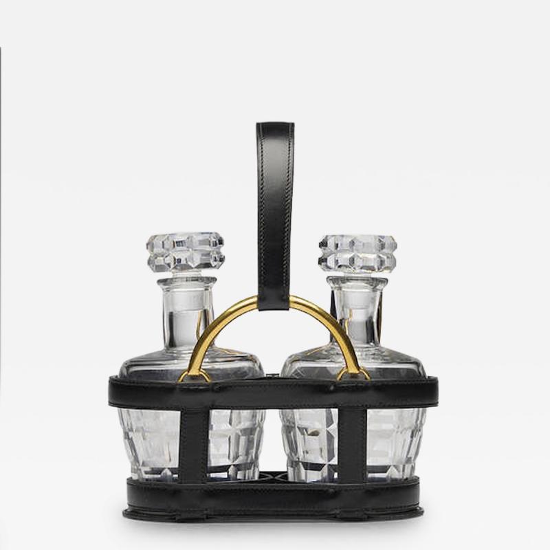 Jacques Adnet Rare Black Stitched Leather Equestrian Decanter Set by Jacques Adnet for Hermes