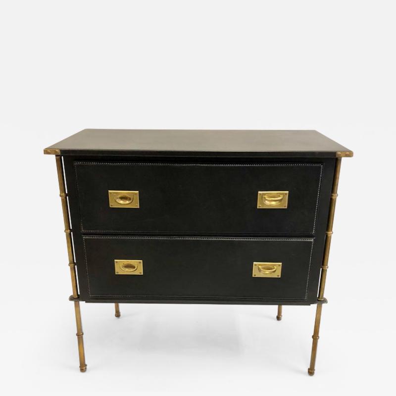 Jacques Adnet Rare French Handstitched Leather and Brass Faux Bamboo Commode by Jacques Adnet