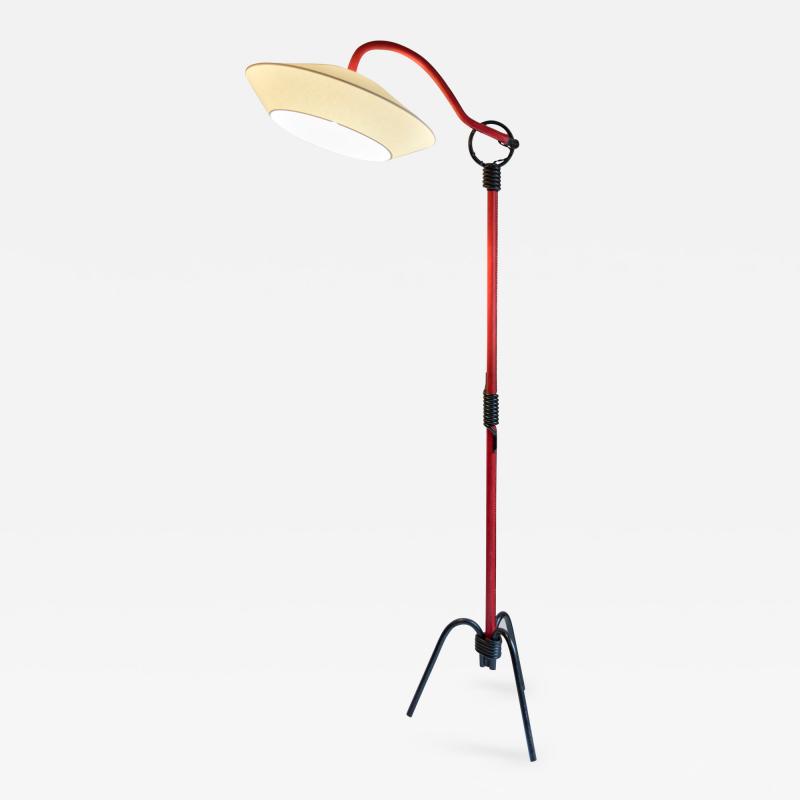 Jacques Adnet Rare Red Stitched Leather Floor Lamp By Jacques Adnet