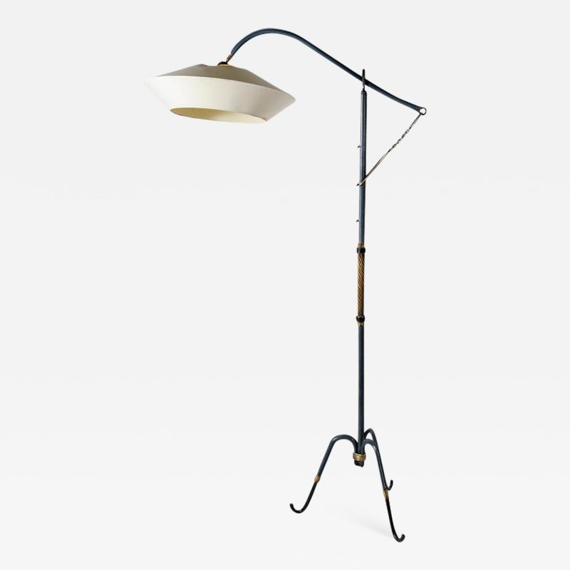 Jacques Adnet Rare floor lamp in blue stitched leather by Jacques Adnet