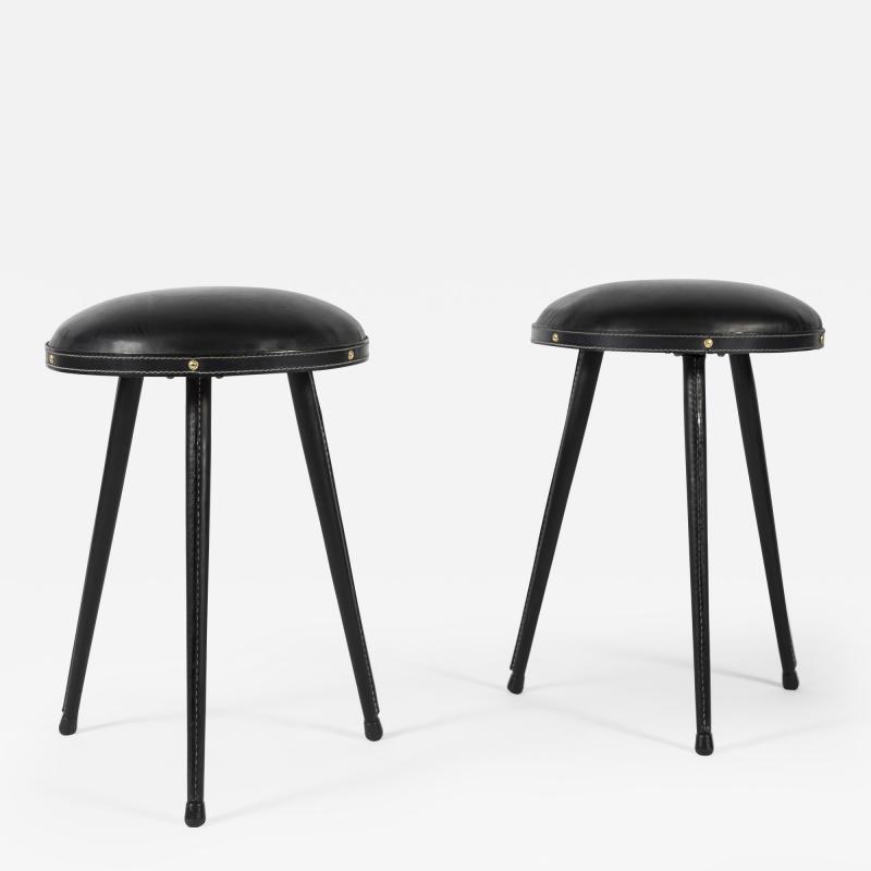 Jacques Adnet Rare pair of Stitched Leather stools by Jacques Adnet