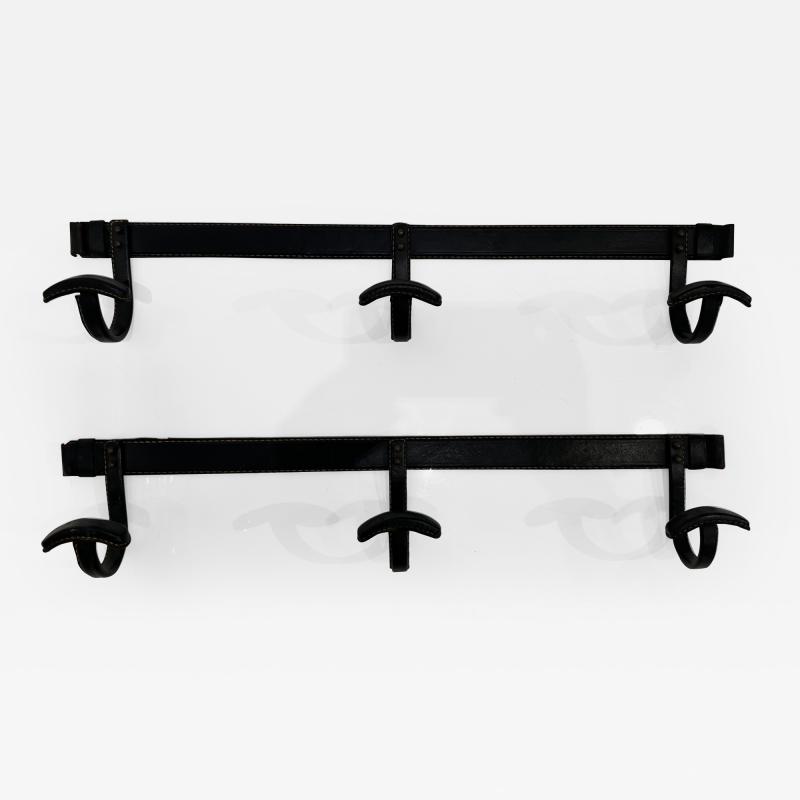 Jacques Adnet Set of Two Black Leather Coat Racks by Jacques Adnet