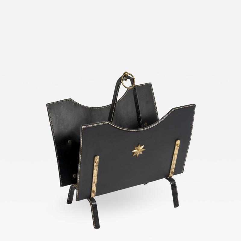 Jacques Adnet Stitched Leather Magasine Rack by Jacques Adnet