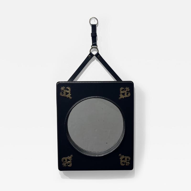 Jacques Adnet Stitched Leather Mirror with Brass Ornamentation