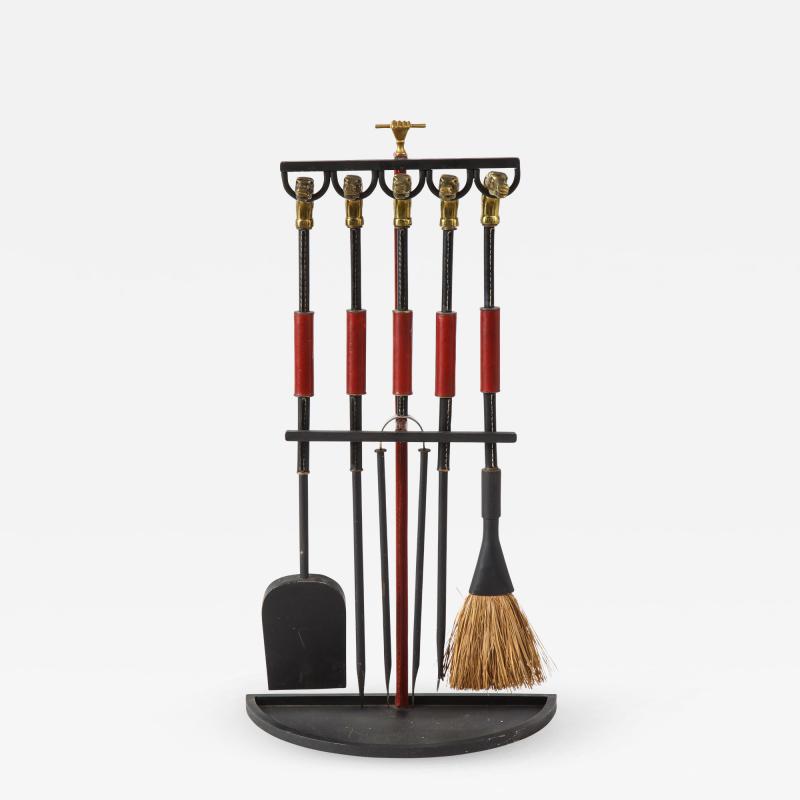 Jacques Adnet Stitched Leather fire tools set by Jacques Adnet