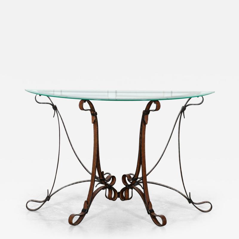 Jacques Adnet Style Iron Leather Console Table