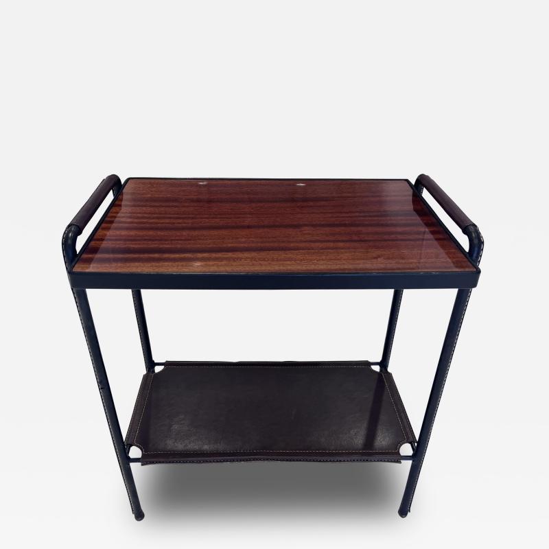 Jacques Adnet Two Tier Stiched Leather and Mahogany Side Table