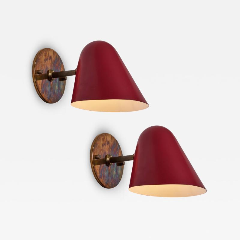 Jacques Biny Pair of 1950s Jacques Biny Red Metal Brass Wall Lights