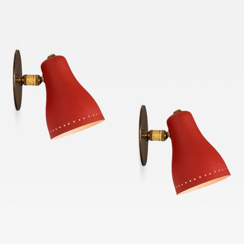 Jacques Biny Pair of 1950s Red Perforated Sconces Attributed to Jacques Biny