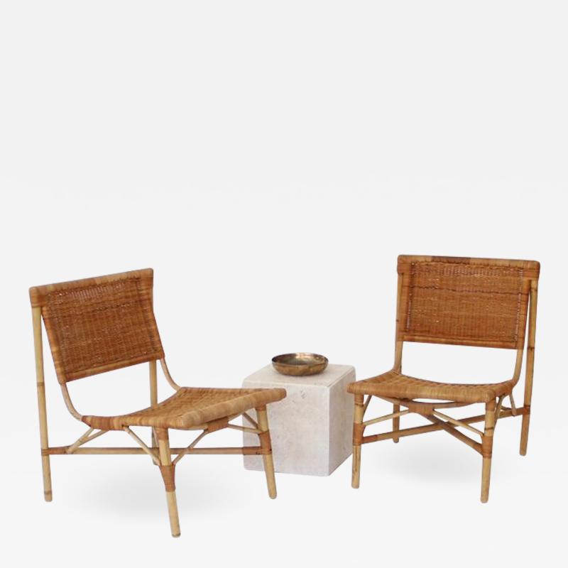 Jacques Dumond FRENCH RATTAN AND BAMBOO LOW LOUNGE CHAIRS ATRRIBUTED TO JACQUES DUMOND