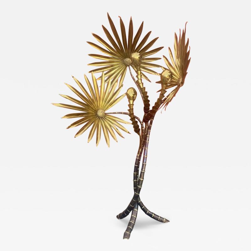 Jacques Duval Brasseur 1970 Yuka Palm Floor Lamp in Brass and Patinated Iron Maison Jansen