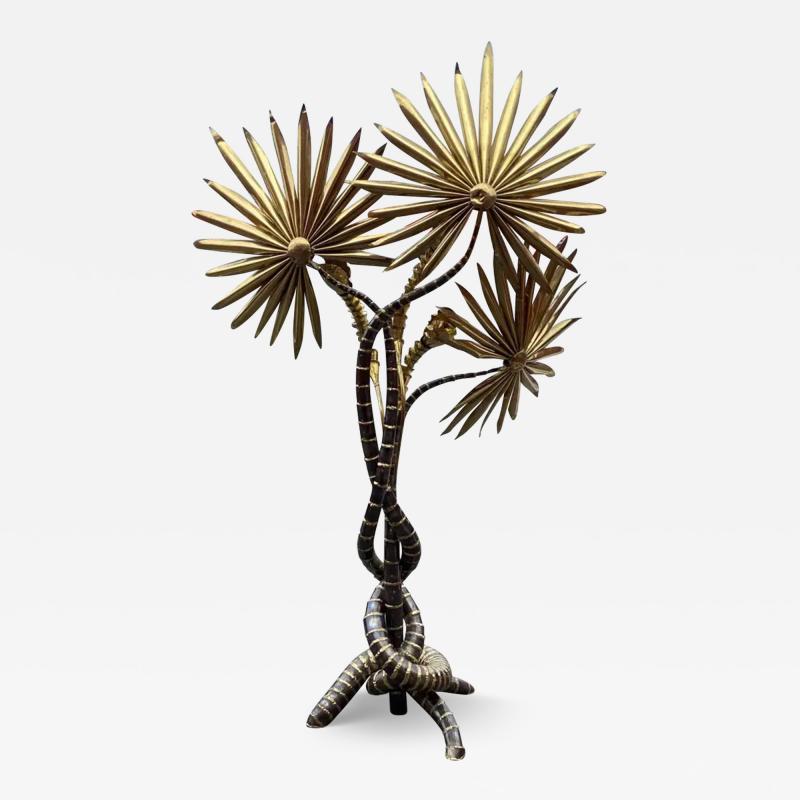 Jacques Duval Brasseur 1970 Yuka Palm Tree Floor Lamp in Brass and Patinated Iron Maison Jansen 3 Head