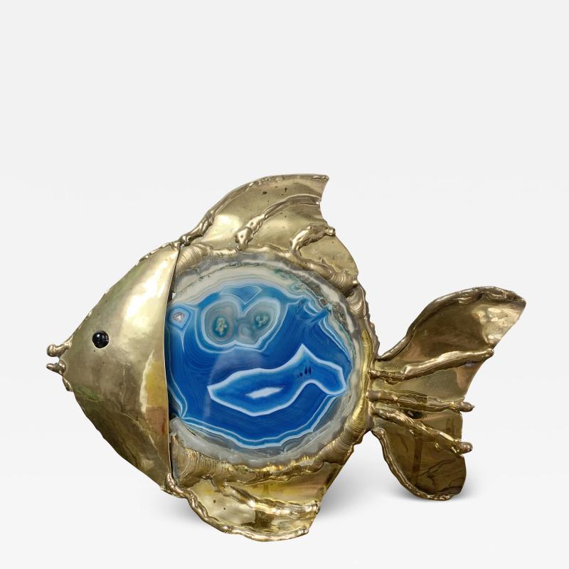 Jacques Duval Brasseur Jacques Duval Brasseur Illuminated Blue Agate and Brass Fish Lamp