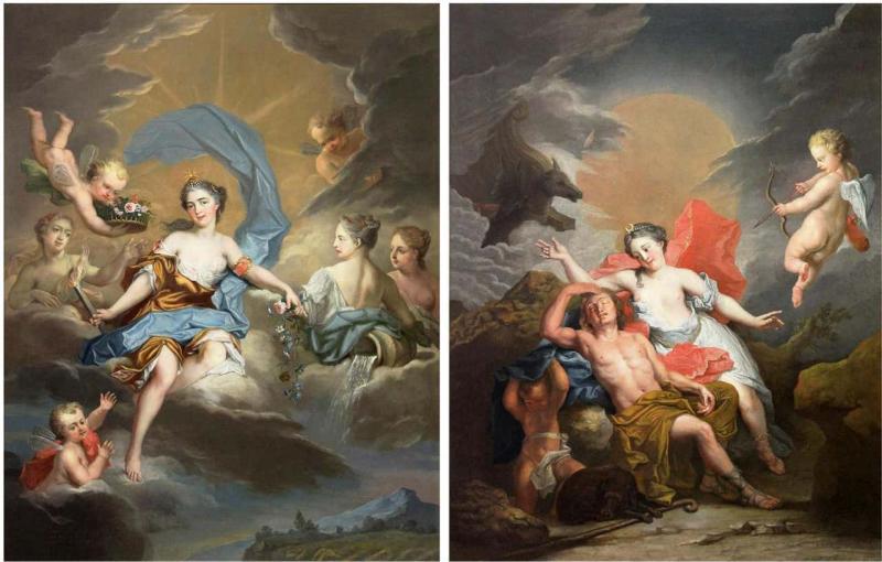 Jacques Francois Delyen A Magnificent Pair of Allegorical Paintings Aurora and Diana Night and Day 