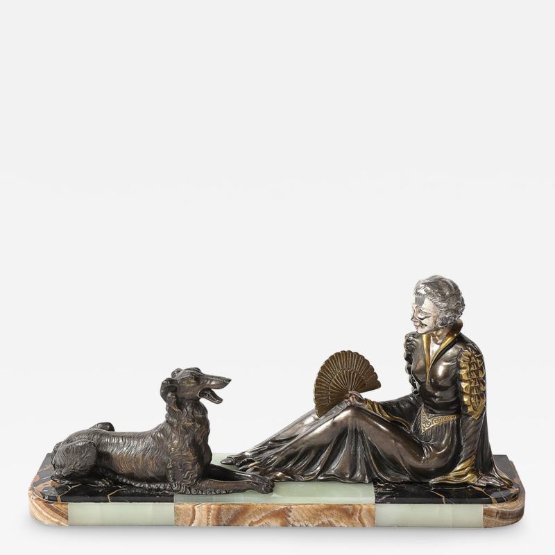 Jacques Limousin Art Deco Sculpture by Limousin of Woman Seated with Dog on Exotic Marble Base