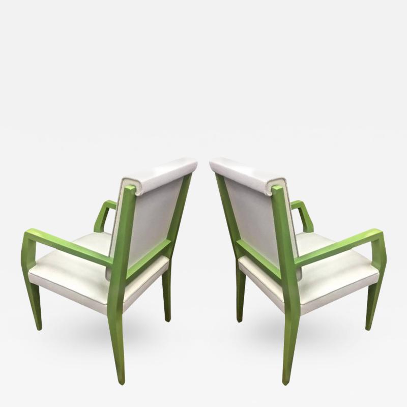 Jacques Quinet Jacques Quinet Chicest Rare Green Lacquered Pair of Chairs Newly Covered