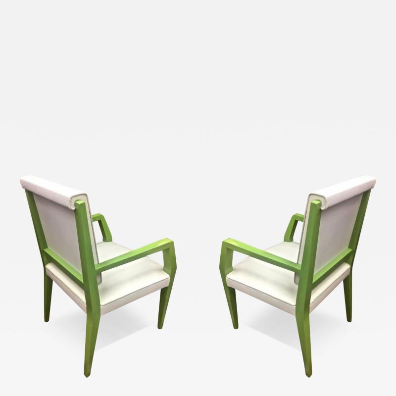Jacques Quinet Jacques Quinet Chicest Rare Green Lacquered Pair of Chairs Newly Covered