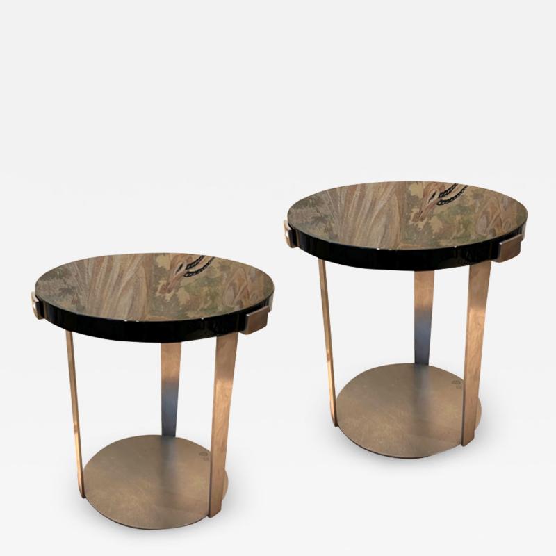 Jacques Quinet Jacques Quinet side pair of brushed steel and black lacquered tables