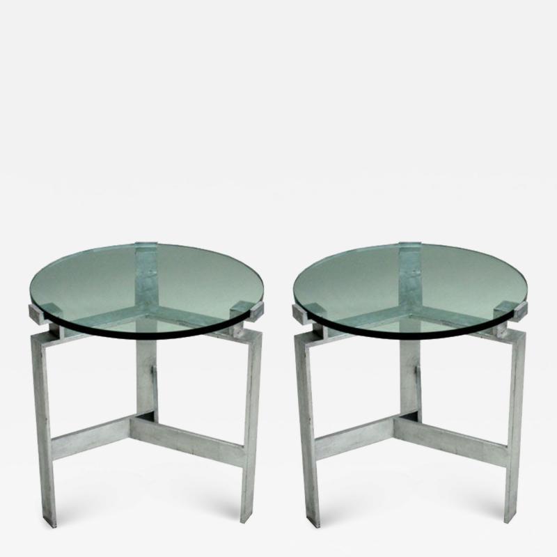 Jacques Quinet Pair French Mid Century Modern Silver Leaf Iron End Tables Style Jacques Quinet