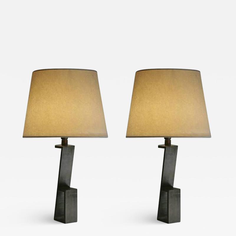 Jacques Quinet Pair of French Midcentury Iron Z Table Lamps in Manner of Jacques Quinet
