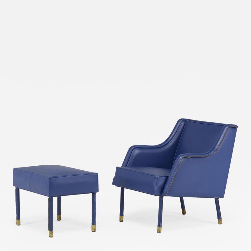 Jacques Quinet stylish armchair Footstool in Blue Stitched Moleskin