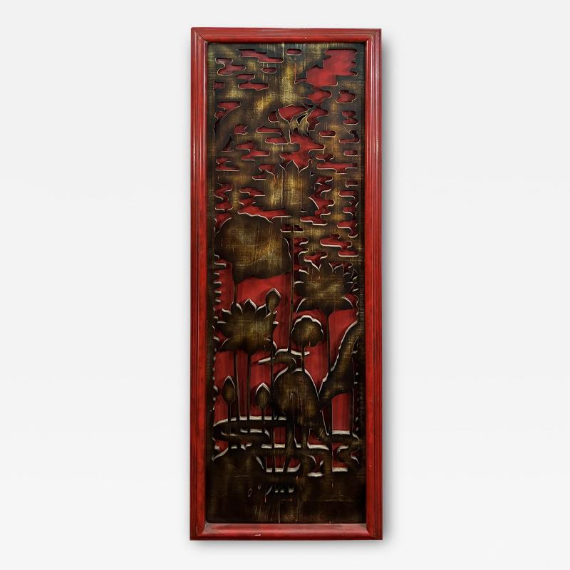 James Mont CARVED WOOD ASIAN THEMED RED BLACK AND GOLD PANEL BY JAMES MONT