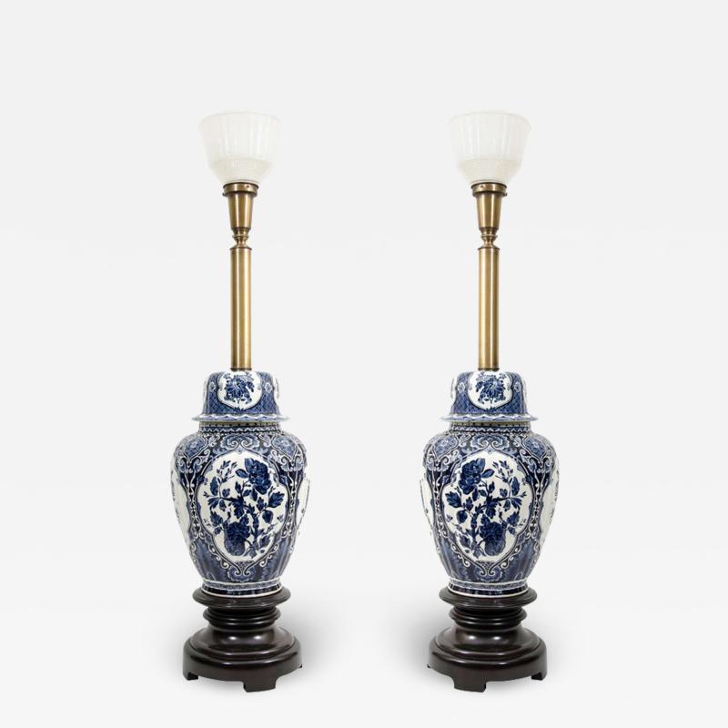James Mont EXCEPTIONAL PAIR OF BLUE WHITE CHINOISERIE GINGER JAR CERAMIC LAMPS