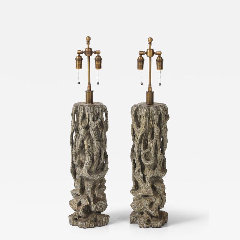James Mont Exceptional Pair of Carved Gnarly Tree Form Lamps by James Mont 