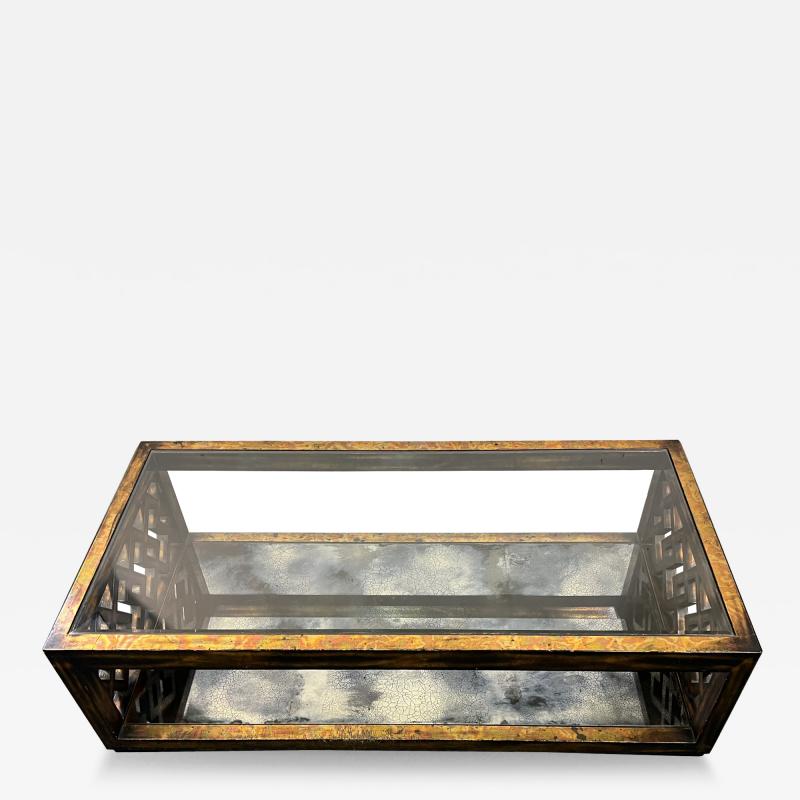 James Mont GOLD METALLIC LEAF WOOD LATTICE MIRROR DOUBLE TIER COFFEE TABLE BY JAMES MONT