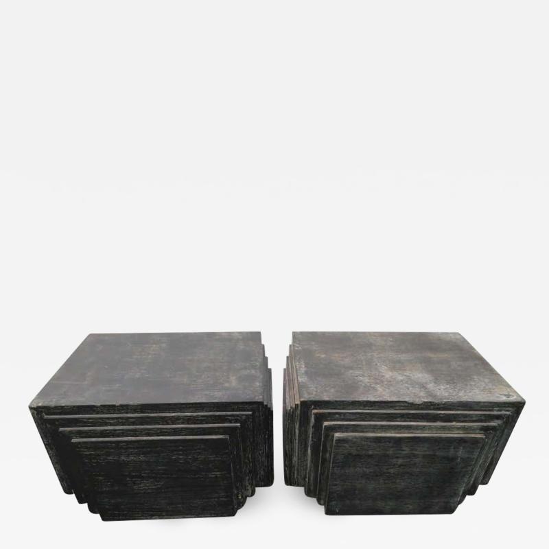 James Mont Handsome Pair of James Mont Style Stacked Pyramid Cerused End Tables