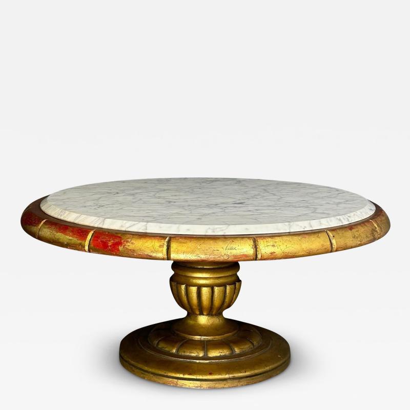 James Mont Hollywood Regency Round Cocktail Table in Gold Marble in Style of James Mont