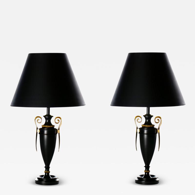 James Mont James Mont Style Neoclassical Black Urn Lamps with Brass Handles by Stiffel 1960