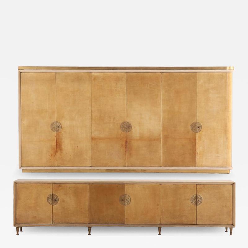 James Mont Large two piece wood parchment cabinet C 1950 in the manner of James Mont 