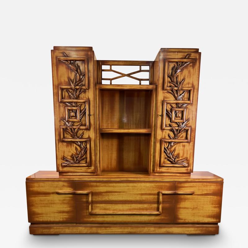 James Mont MID CENTURY CARVED BAMBOO DESIGN LACQUERED WOOD CABINET BY JAMES MONT