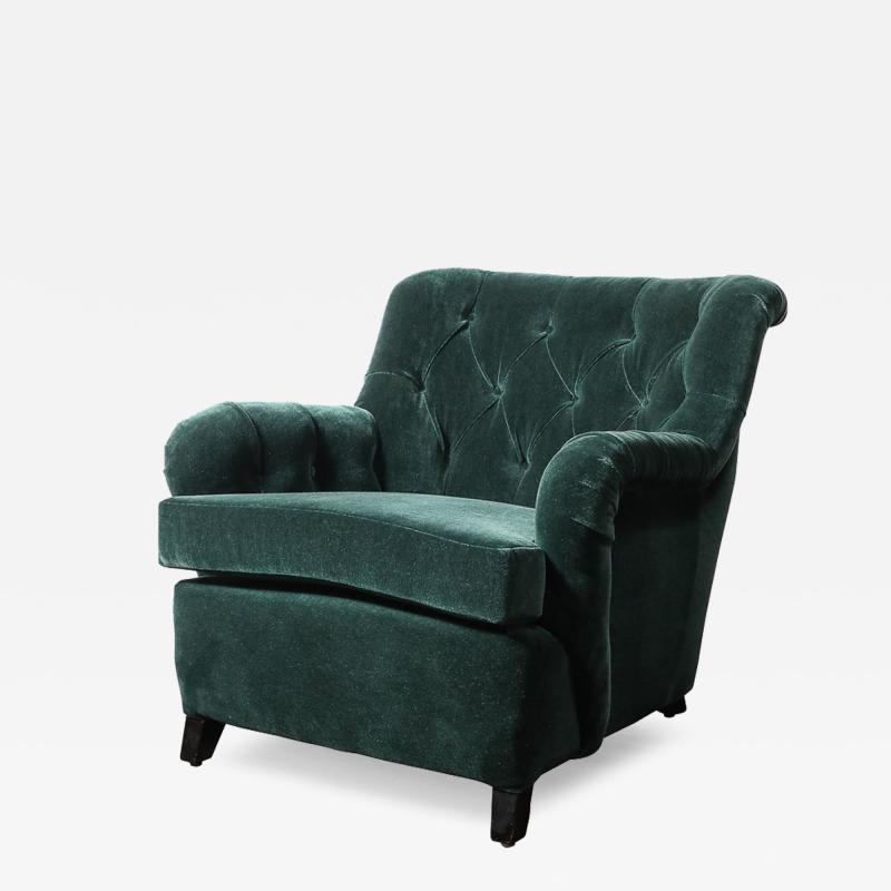 James Mont Mid Century Diamond Tufted Back Viridian Green Velvet Lounge Chair by James Mont