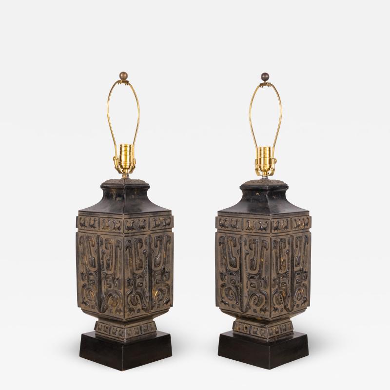 James Mont Pair of Hollywood Regency Bronze Chinese Lamps in the style of James Mont