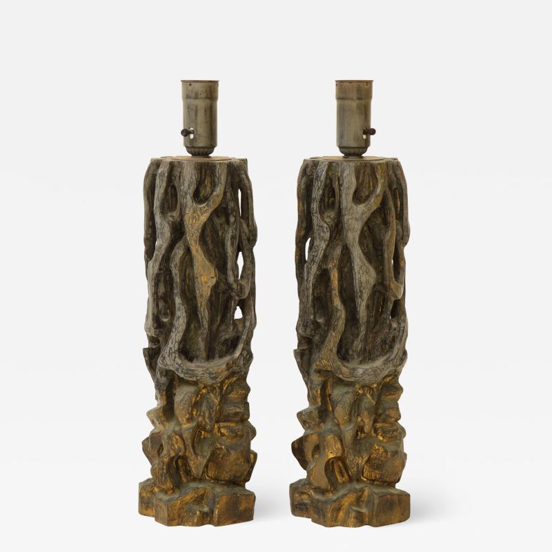 James Mont Pair of James Mont Carved Wooden Lamps