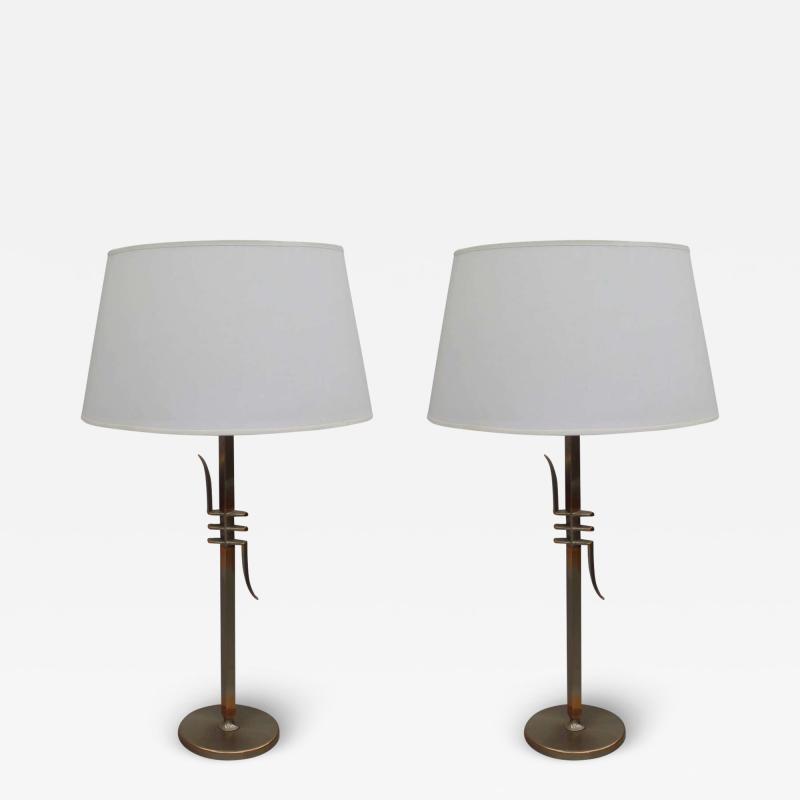 James Mont Pair of Mid Century Modern Nickeled Copper Table Lamps Attributed to James Mont