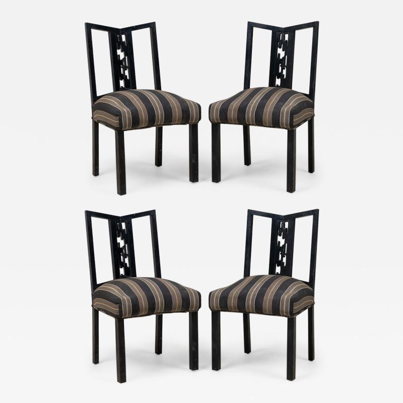 James Mont Set of 4 James Mont Black Lacquered Stripe Upholstered Dining Side Chairs