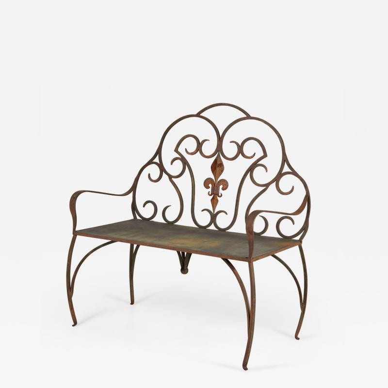 Jan Barboglio Mexican Modern Style Wrought Iron Outdoor Fleur de Lis Crest Bench