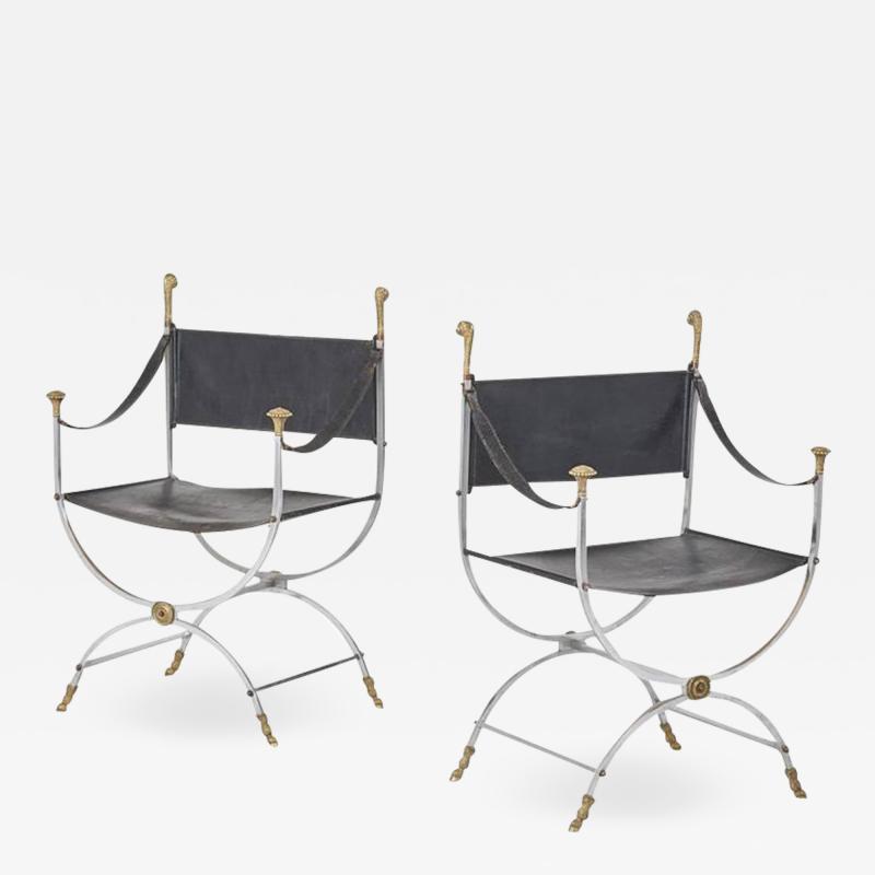 Jansen Curule Pair of polished steel and brass Jansen Curule chairs