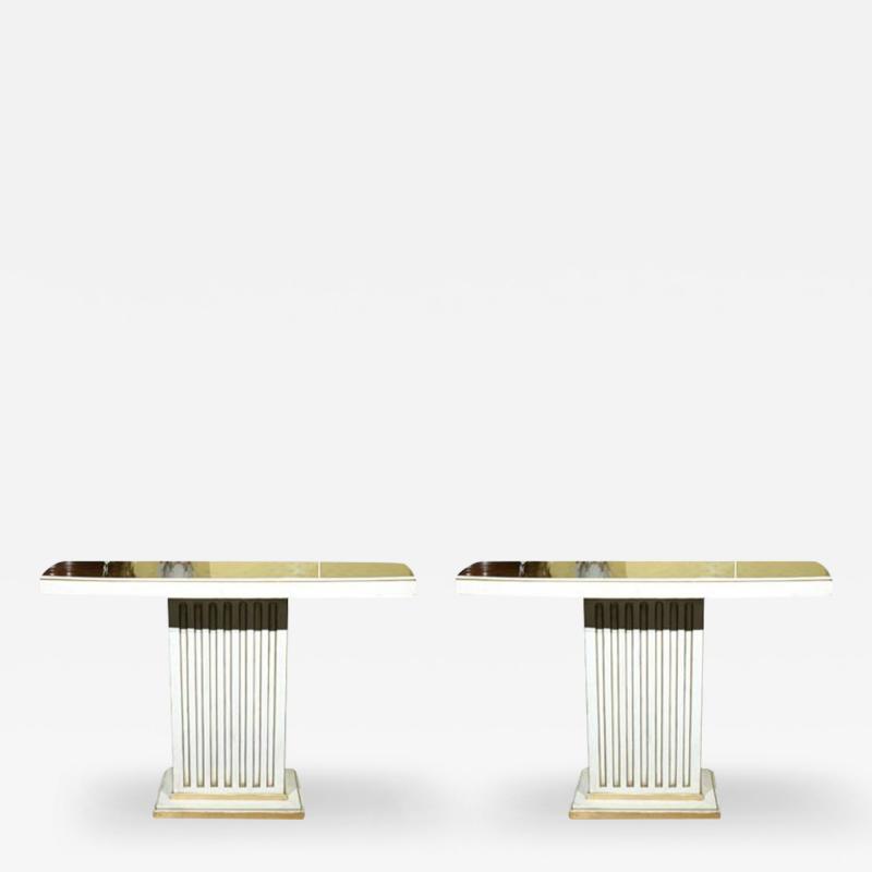 Jansen Eglomise Console Tables Glass Painted and Parcel Gilt Frieze a Pair