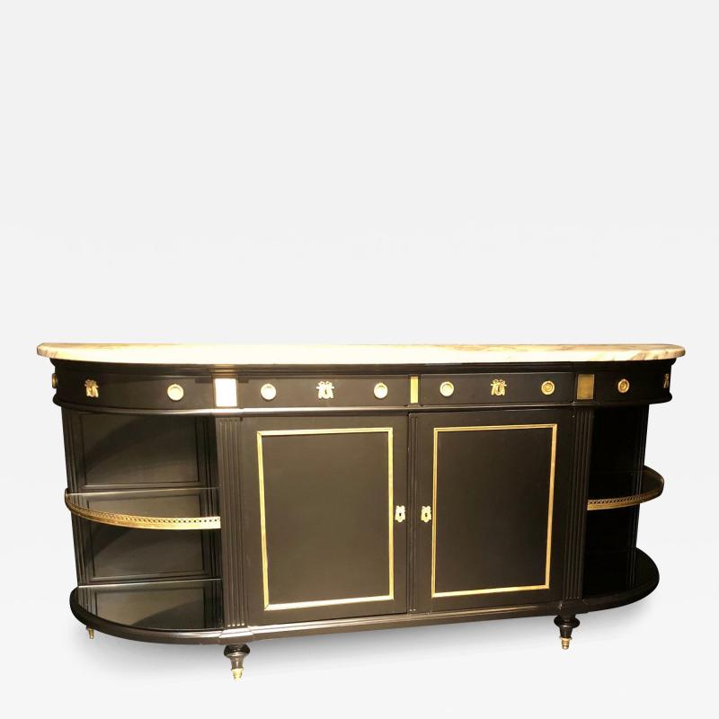 Jansen Hollywood Regency Sideboard Console Ebony w Marble Top and Bronze Deco