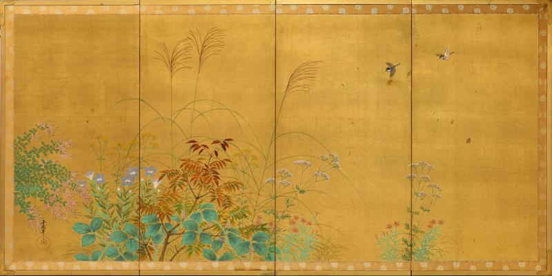 Japanese 4 Panel Gouache and Gold Leaf Painted Screen