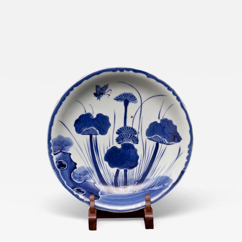 Japanese Blue and White Imari Plate with Lotus and Butterfly Design