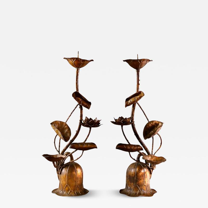 Japanese Bronze Candle Stands Lotus Design Mid Showa Era 1960s