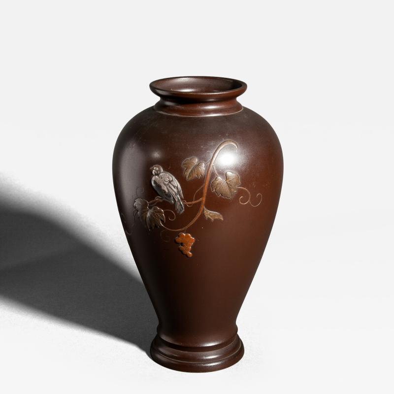 Japanese Bronze Vase with Finch on Grape Vine